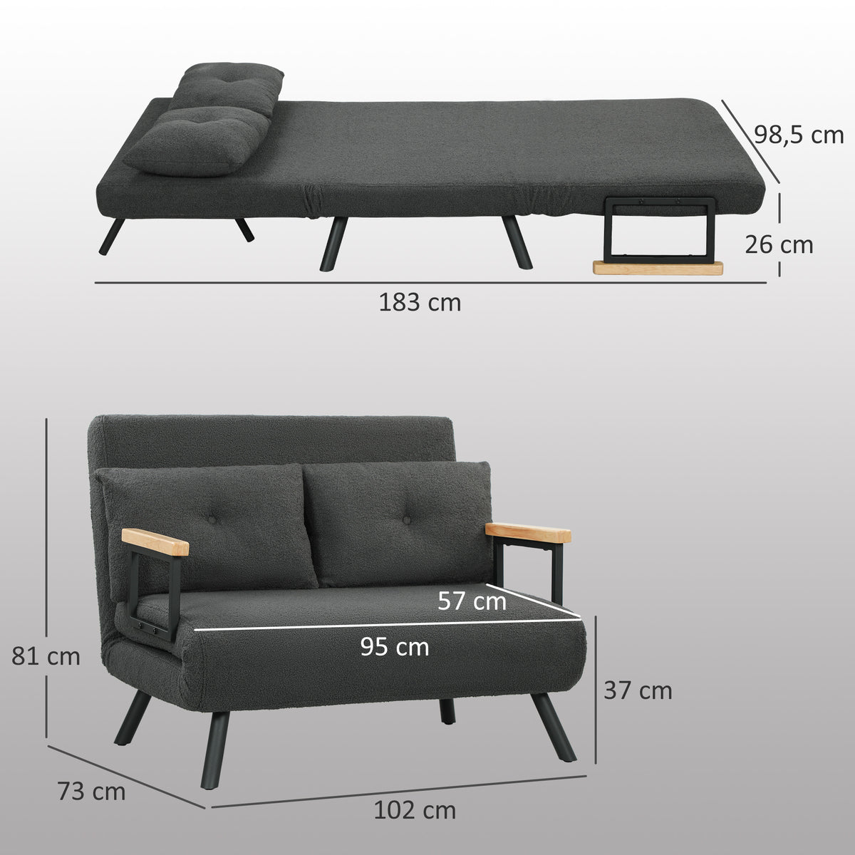 HOMCOM Schlafsofa 2er-Sofa mit Schlaffunktion, inkl. 2 Kissen, Sherpa-Optik, Natur + Dunkelgrau + – Produktabbildung 3