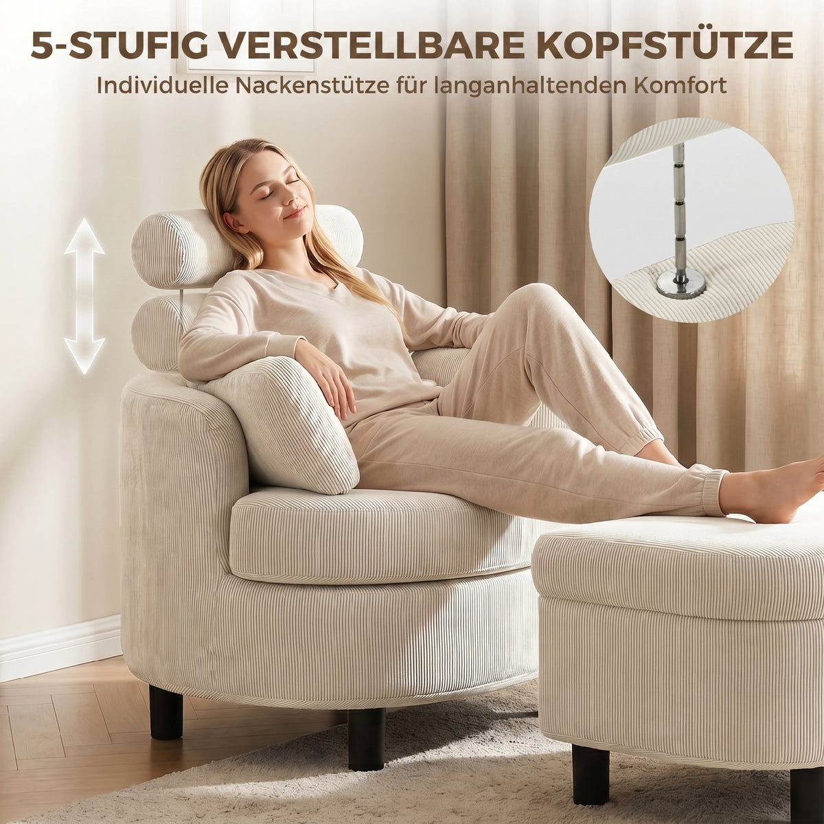 HOMCOM Sessel mit Aufbewahrungshocker, Cord Bezug, Rundum-Lesesessel mit Verstellbarer Kopfstütze – Produktabbildung 4