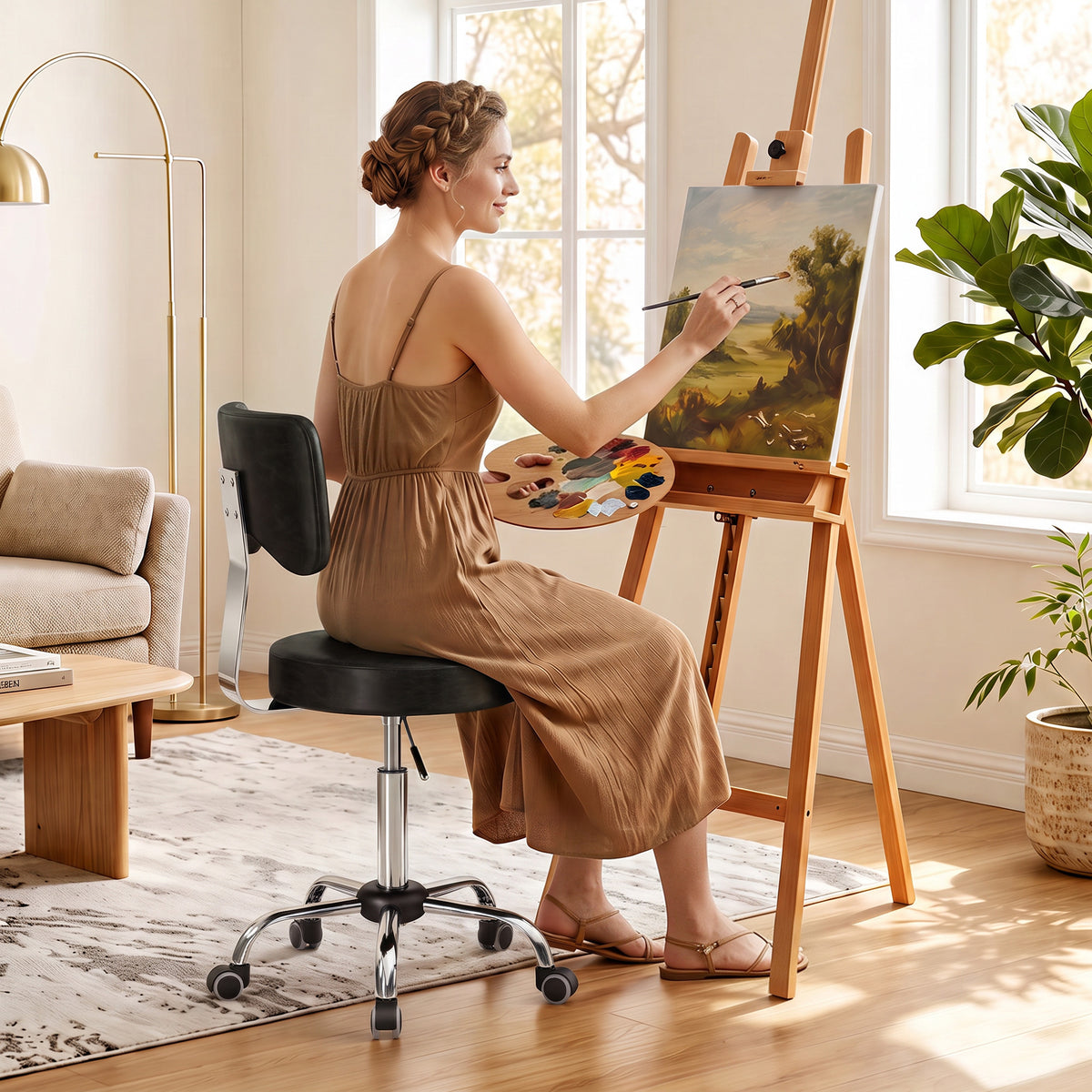 HOMCOM Rollhocker, höhenverstellbarer Salonstuhl aus PU-Leder mit Polstersitz, Rückenlehne und Rollen – Produktabbildung 2