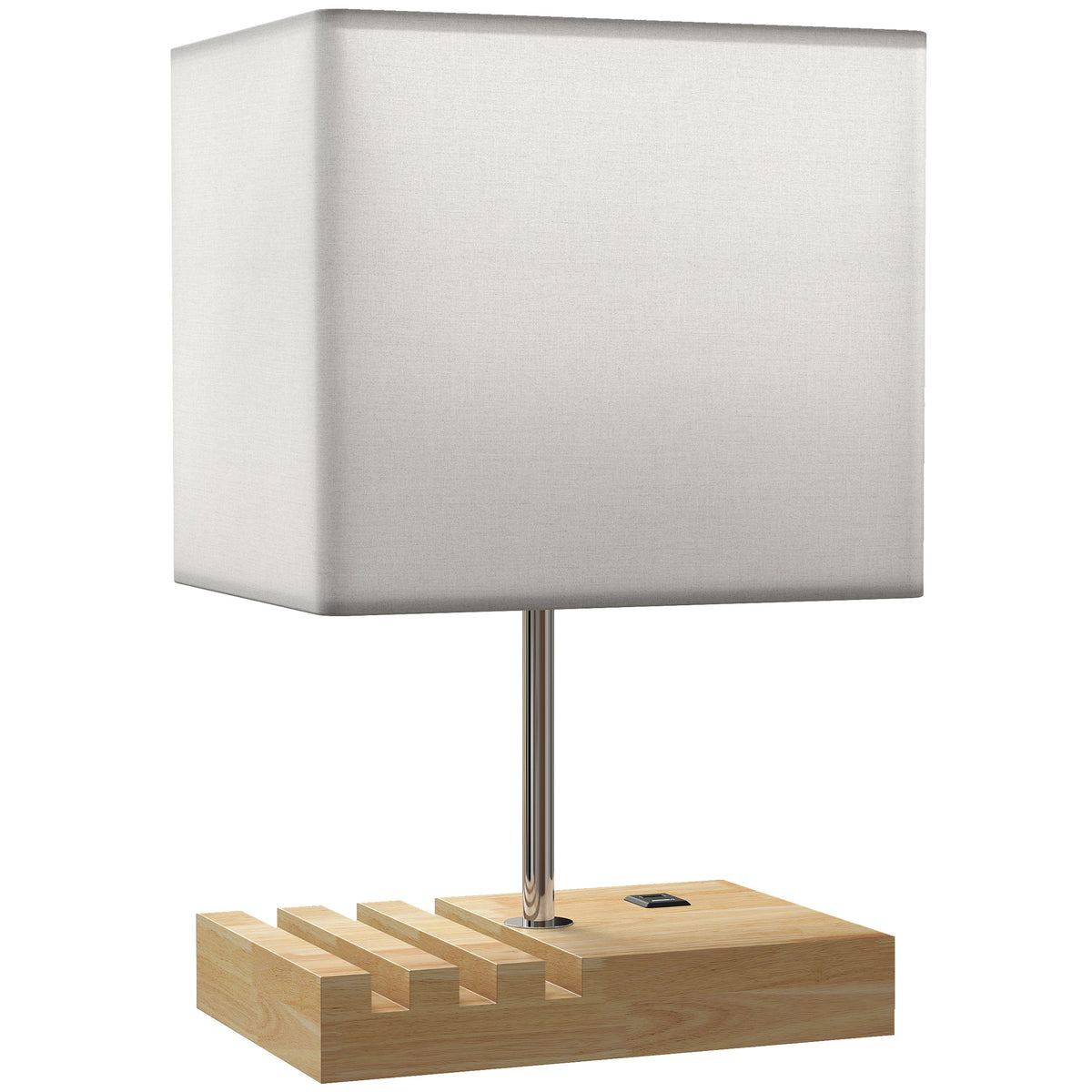 HOMCOM Nachttischlampe, USB-Anschlüsse, Holz, Stoff, Wippschalter, Ablagefächer, Weiß