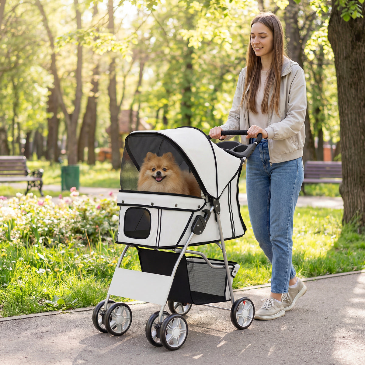PawHut Hundewagen Faltbar Hundebuggy mit Reflektorstreif Aufbewahrungskorb Kissen für kleine Hunde bis – Produktabbildung 2
