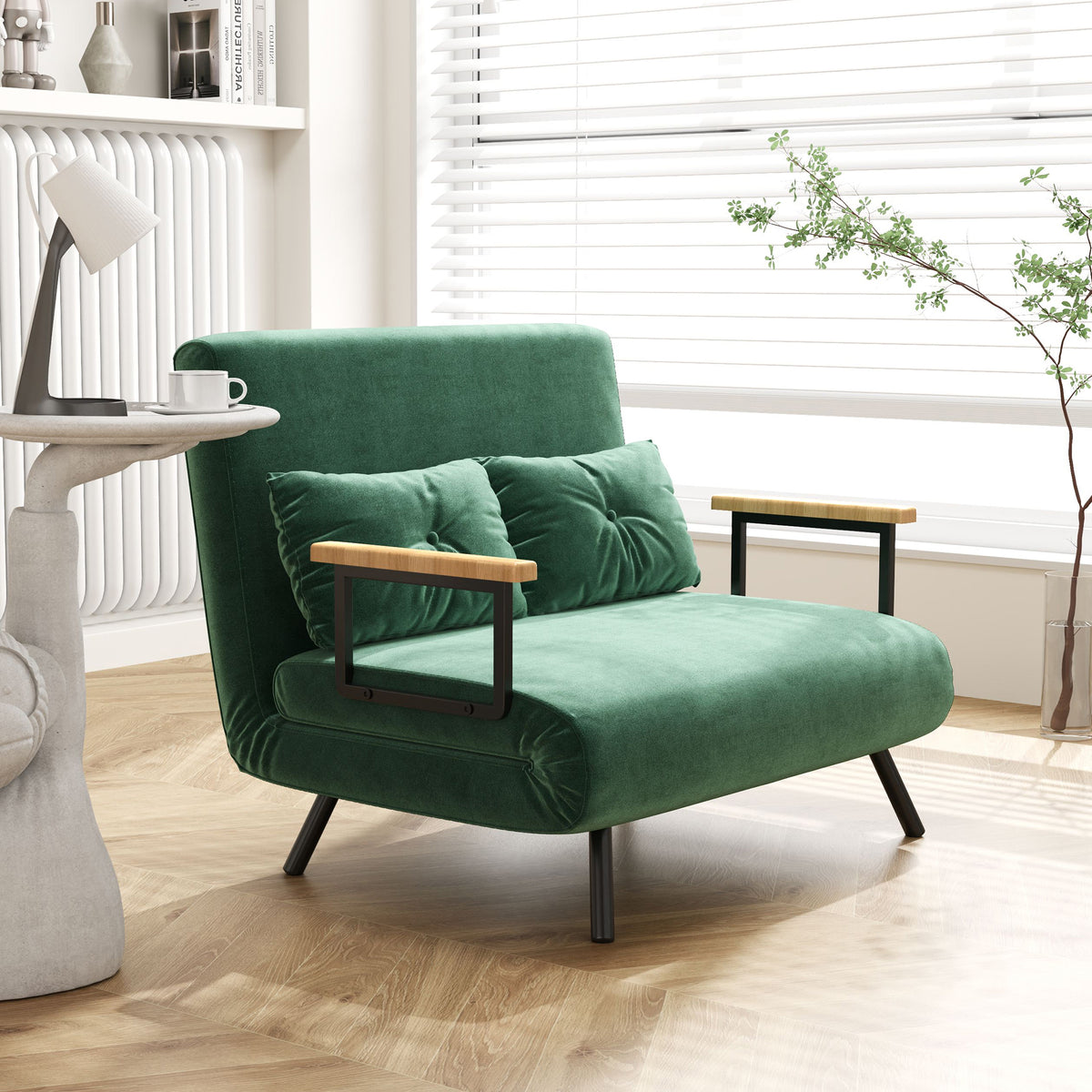 HOMCOM Schlafsofa 2er-Sofa Samtsofa, Schlaffunktion, inkl. 2 Kissen, Samtoptik, Natur + Grün – Produktabbildung 2