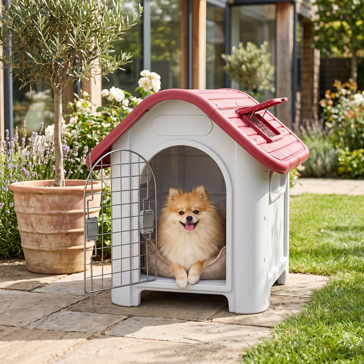 PawHut Hundehütte Outdoor, Hundehaus mit Dachluke Tor Unterschlupf, Wasserdichte Hundehöhle mit – Produktabbildung 2