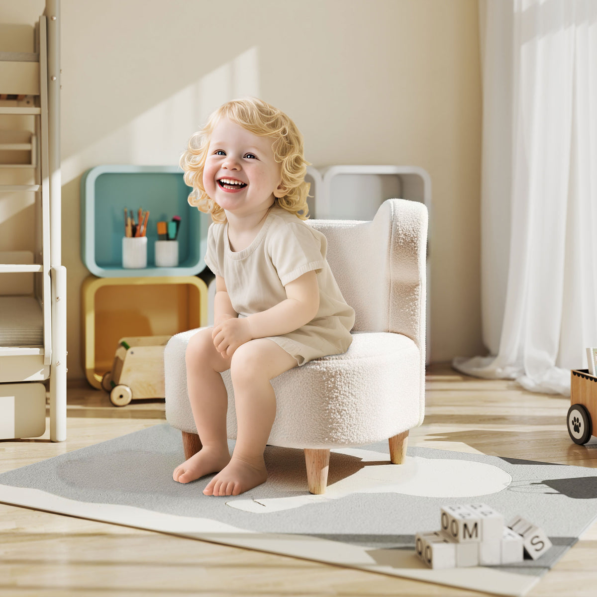 Kindersessel, Plüschsessel mit Bärenohren, Fleece-Bezug, Schaumstoff, Beige – Produktabbildung 2