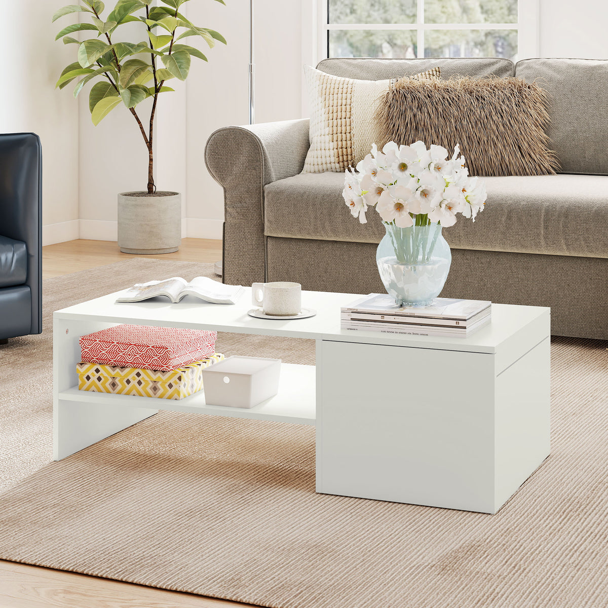HOMCOM Verstellbarer Couchtisch, Metallschienen, Spanplatte, Fußpads, Weiß – Produktabbildung 2