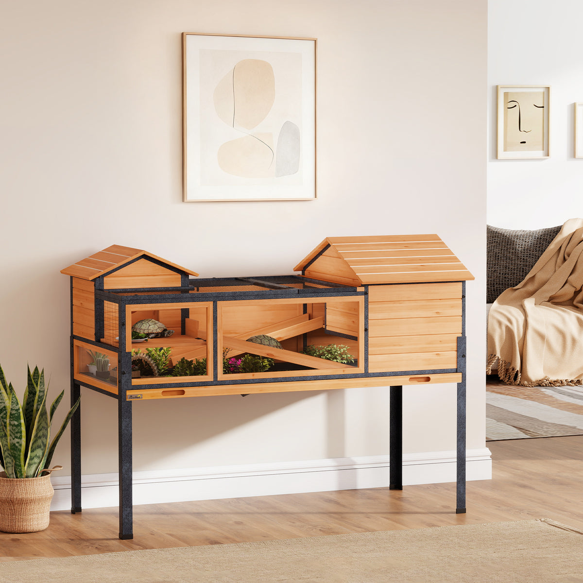 PawHut Schildkrötenhaus, Kleintiergehege, 2 Räume, 2 Stockwerke, Fenster, Rampen, Zubehör, Holz, Stahl – Produktabbildung 2