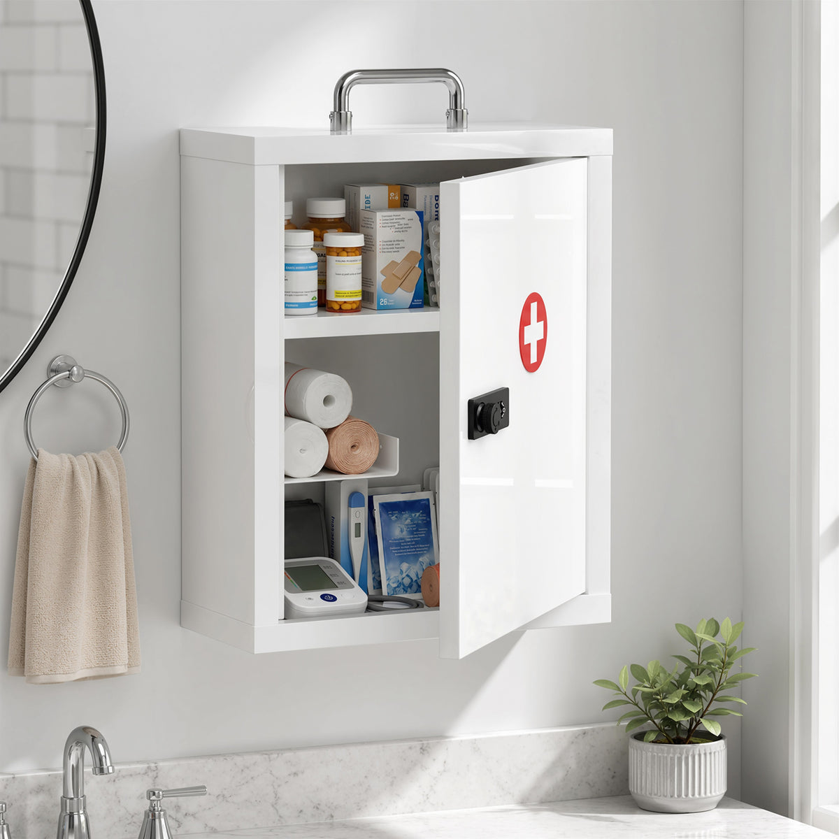 HOMCOM Medizinschrank zur Wandmontage mit Zahlenschloss, 3 Ebenen, abschließbarer Erste-Hilfe-Schrank – Produktabbildung 2