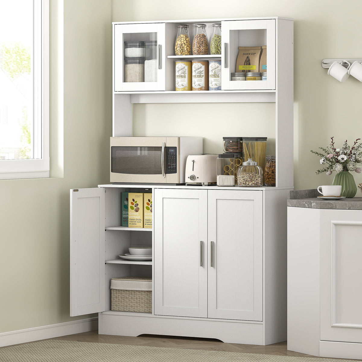 HOMCOM Küchenschrank, Skandinavisches Design, 4 Schränke, verstellbare Regale, Glastüren, offene Fläche – Produktabbildung 2