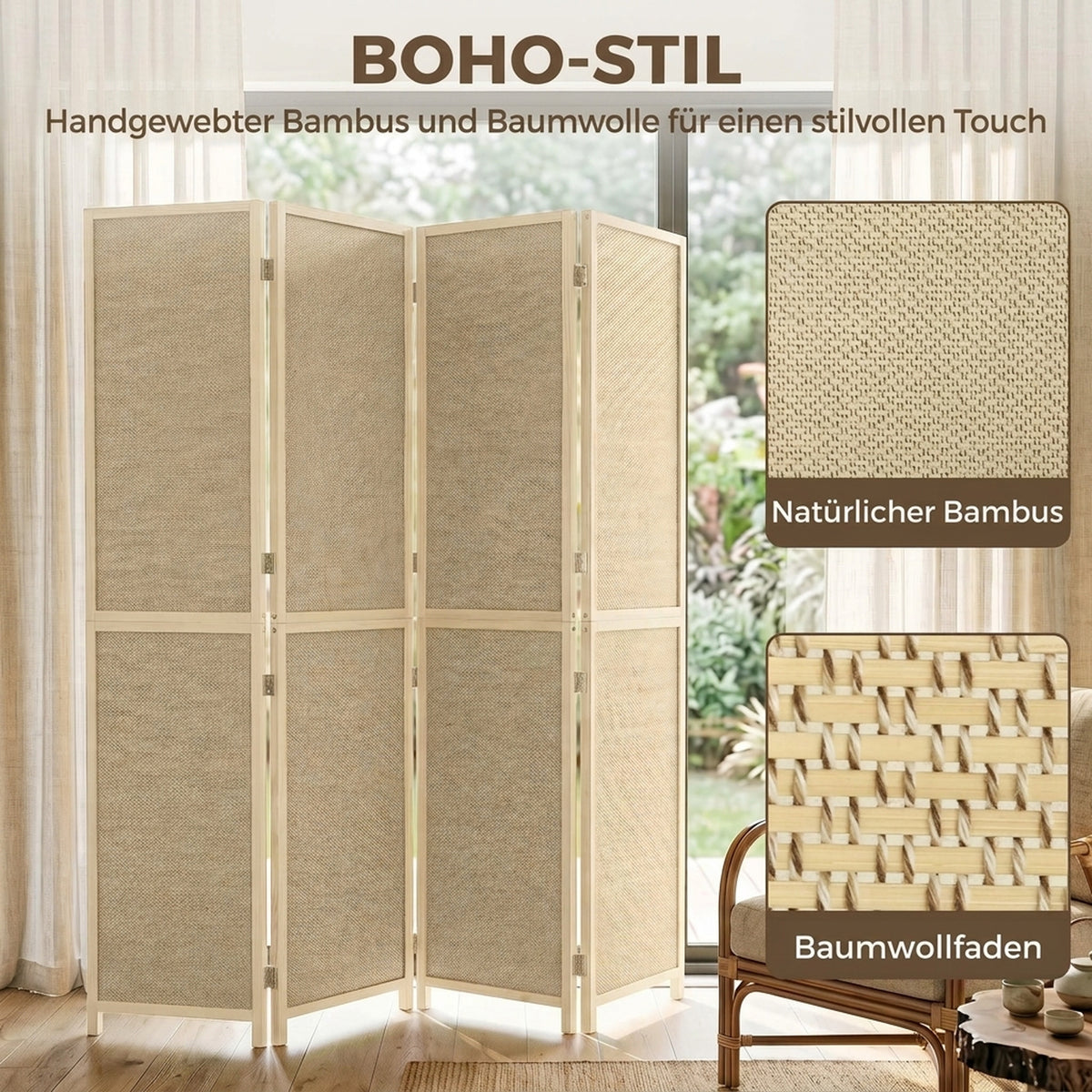 HOMCOM Paravent mit 4 Paneelen, faltbare Trennwand aus handgeflochtenem Bambus, 180 x 180 cm, Natur – Produktabbildung 4