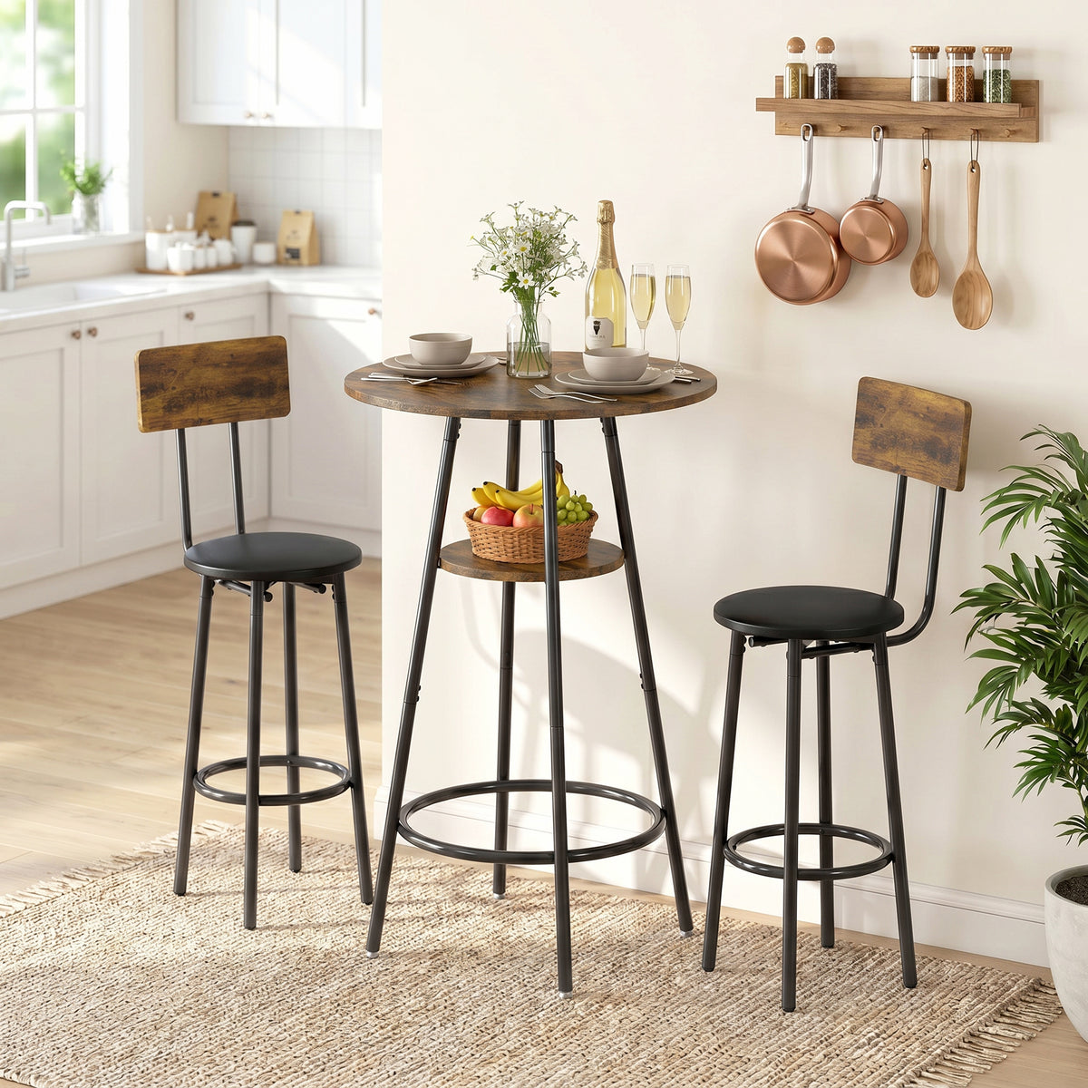 HOMCOM Industrie-Bartisch-Set mit 2 gepolsterten Hockern, Fußstützen, Metallrahmen, Küchentisch mit – Produktabbildung 2