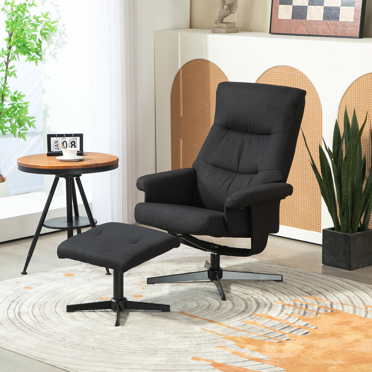 HOMCOM Liegesessel mit Hocker, drehbar, Wippfunktion, Samtoptik, bis 150 kg, Schwarz – Produktabbildung 2