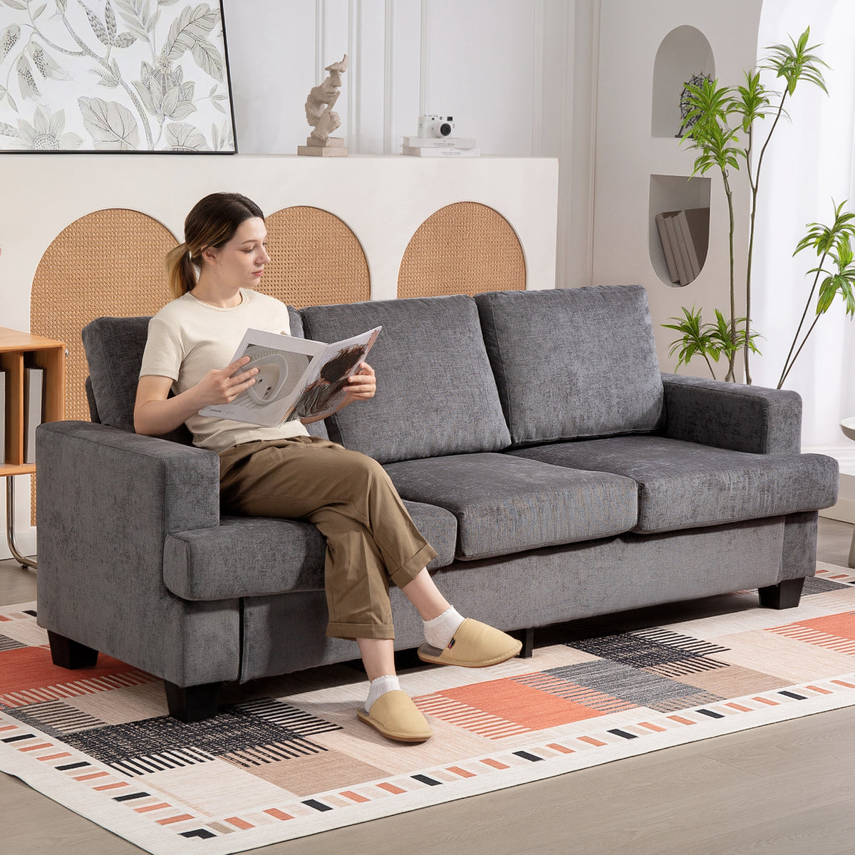 HOMCOM 3-Sitzer-Sofa, Wohnzimmersofa für 3 Personen, Stoffbezug, Stahlrahmen, Polstersofa, Grau – Produktabbildung 2