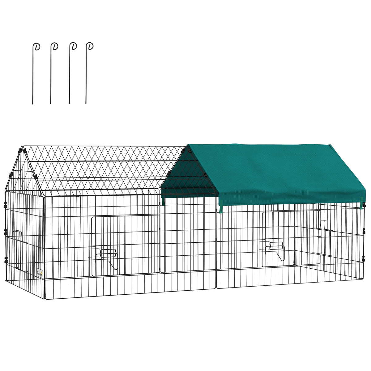 PawHut Kleintiergehege mit Dach, 4 Türen, wetterfest, Stahl/Polyester, 185x75x75cm, Schwarz/Grün