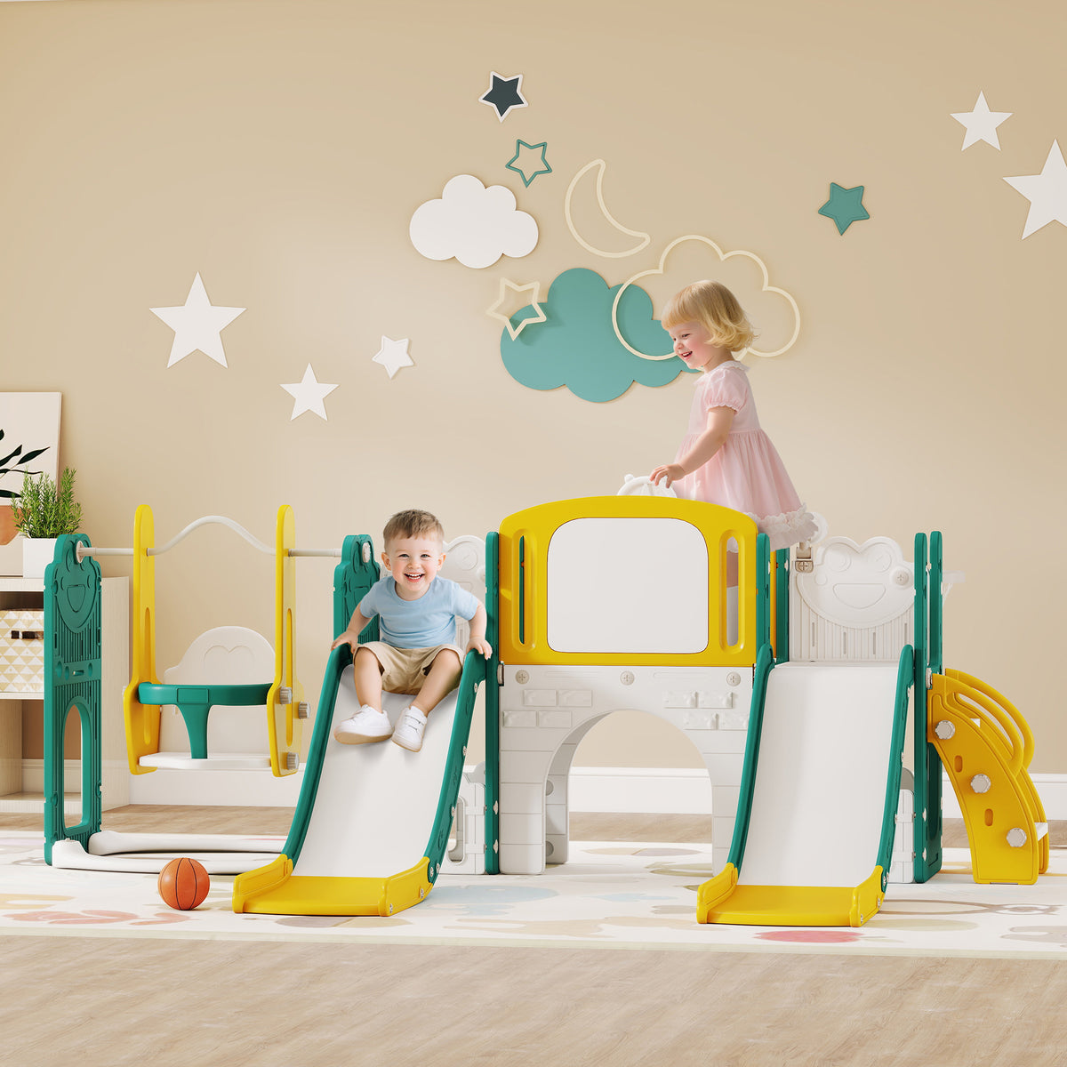 9-in-1 Rutschen- und Schaukelset für Kleinkinder, mit Basketballkorb, Teleskop, Zeichenbrett – Produktabbildung 2
