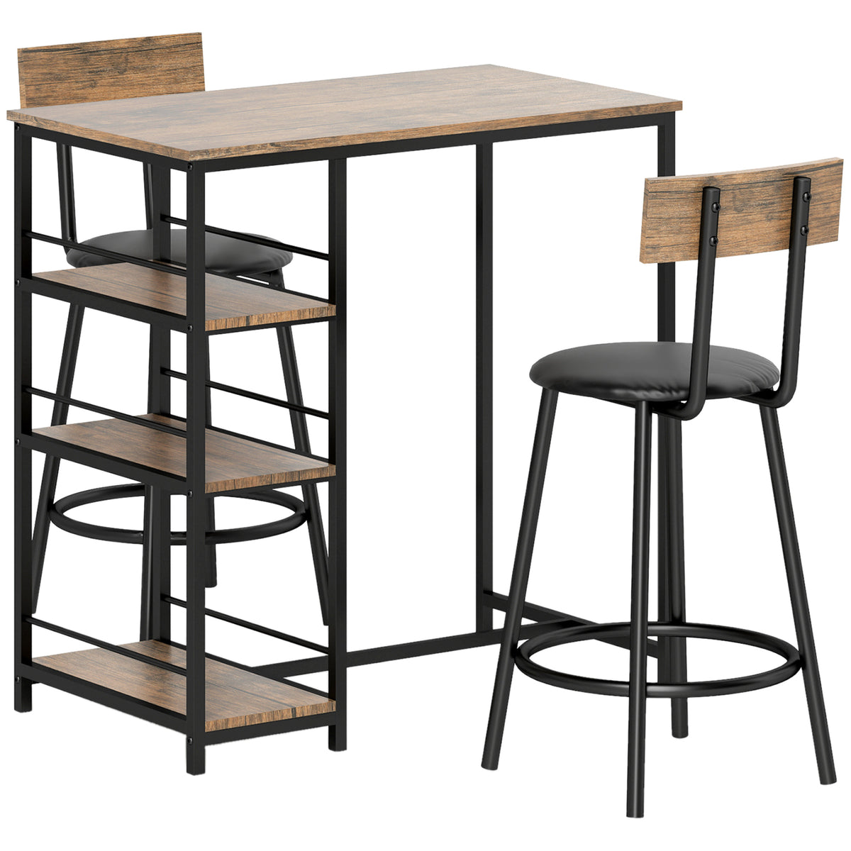 HOMCOM 3-teiliges Ess-Set mit Bartisch und 2 Stühlen, Kleines Küchenset mit seitlichen Regalen, MDF, Metall