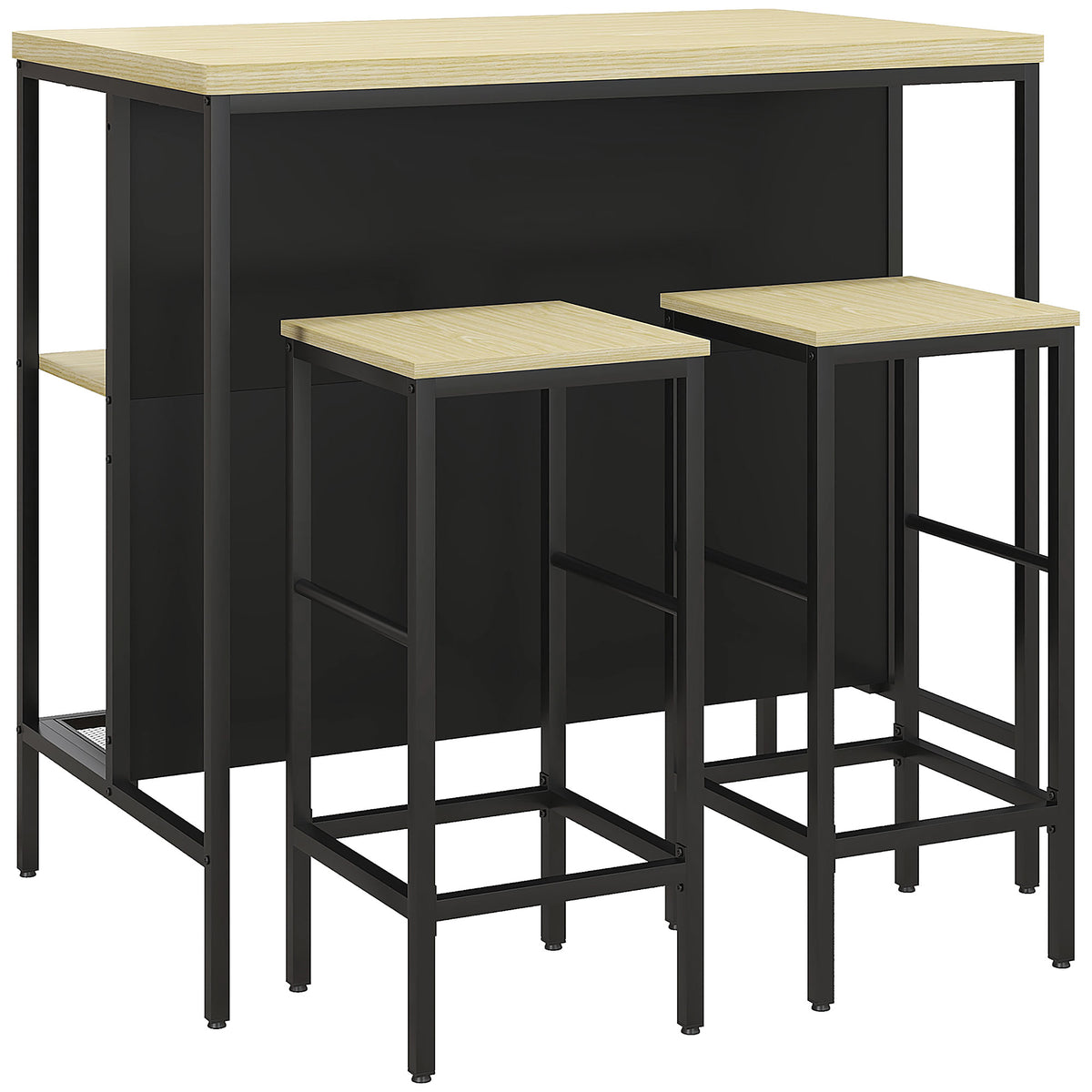 HOMCOM Bar-Set, 2 Barstühle & 1 Bartisch, fleckenresistent, stabil, Stahlrahmen, Schwarz/Eiche