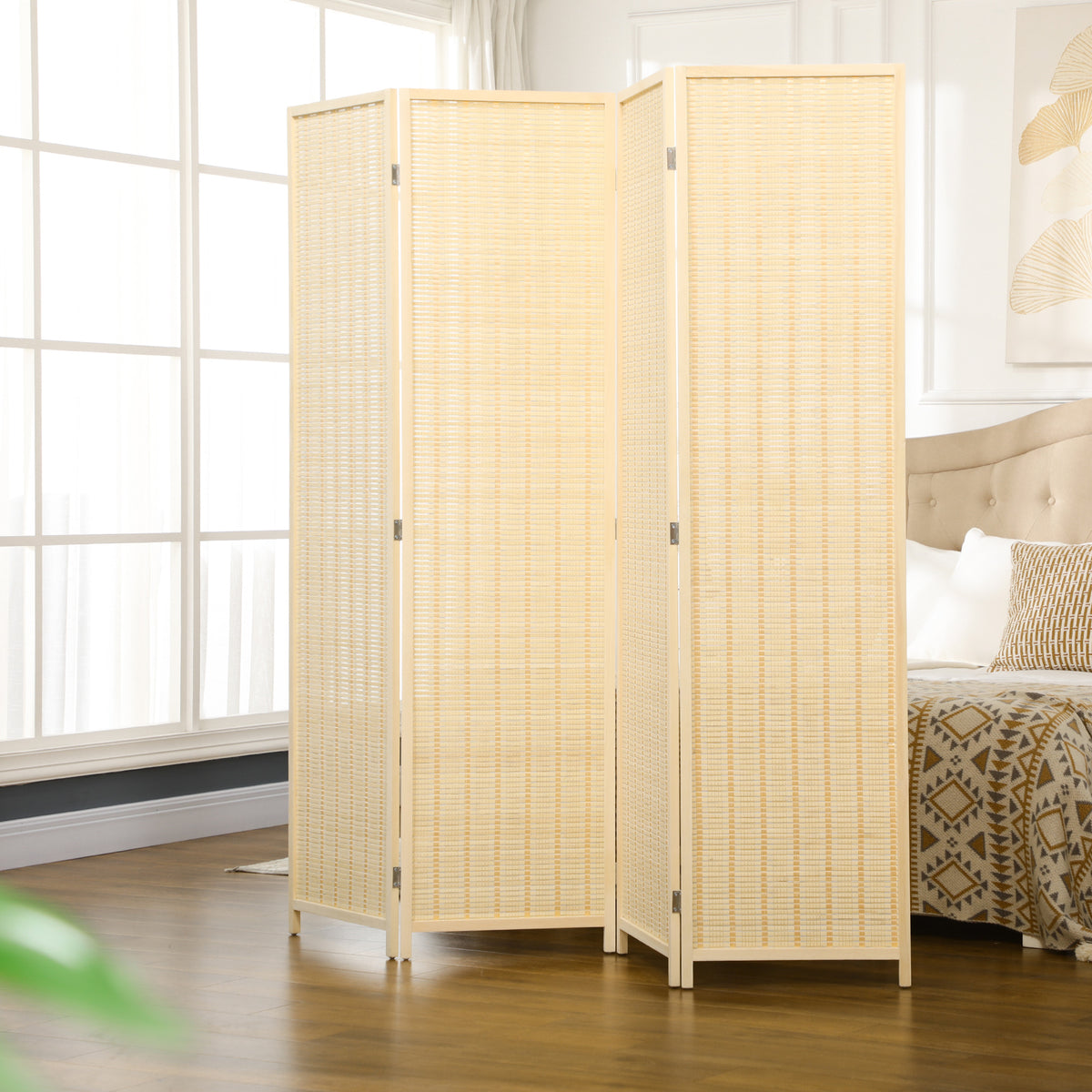 HOMCOM 4-teiliger Raumteiler, 180 x 180 cm, Faltbarer Sichtschutz aus Bambus und Baumwolle für – Produktabbildung 2