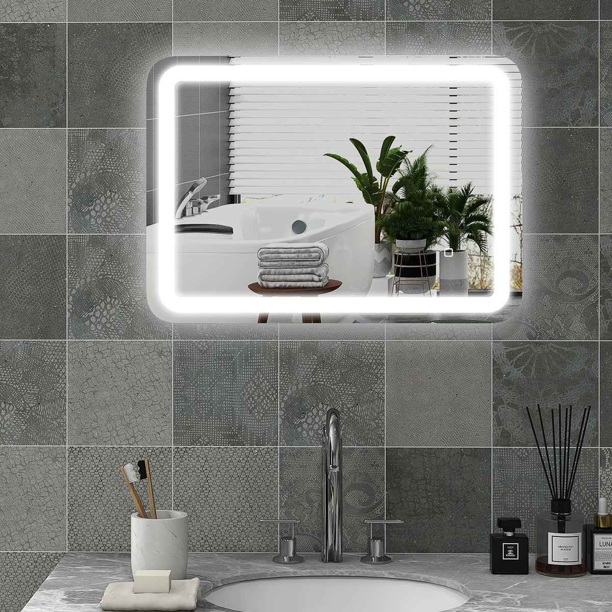 HOMCOM Badezimmerspiegel, beleuchtet, Touch-Steuerung, beschlagfrei, dimmbar, 3 Lichtfarben, 70x90 – Produktabbildung 2