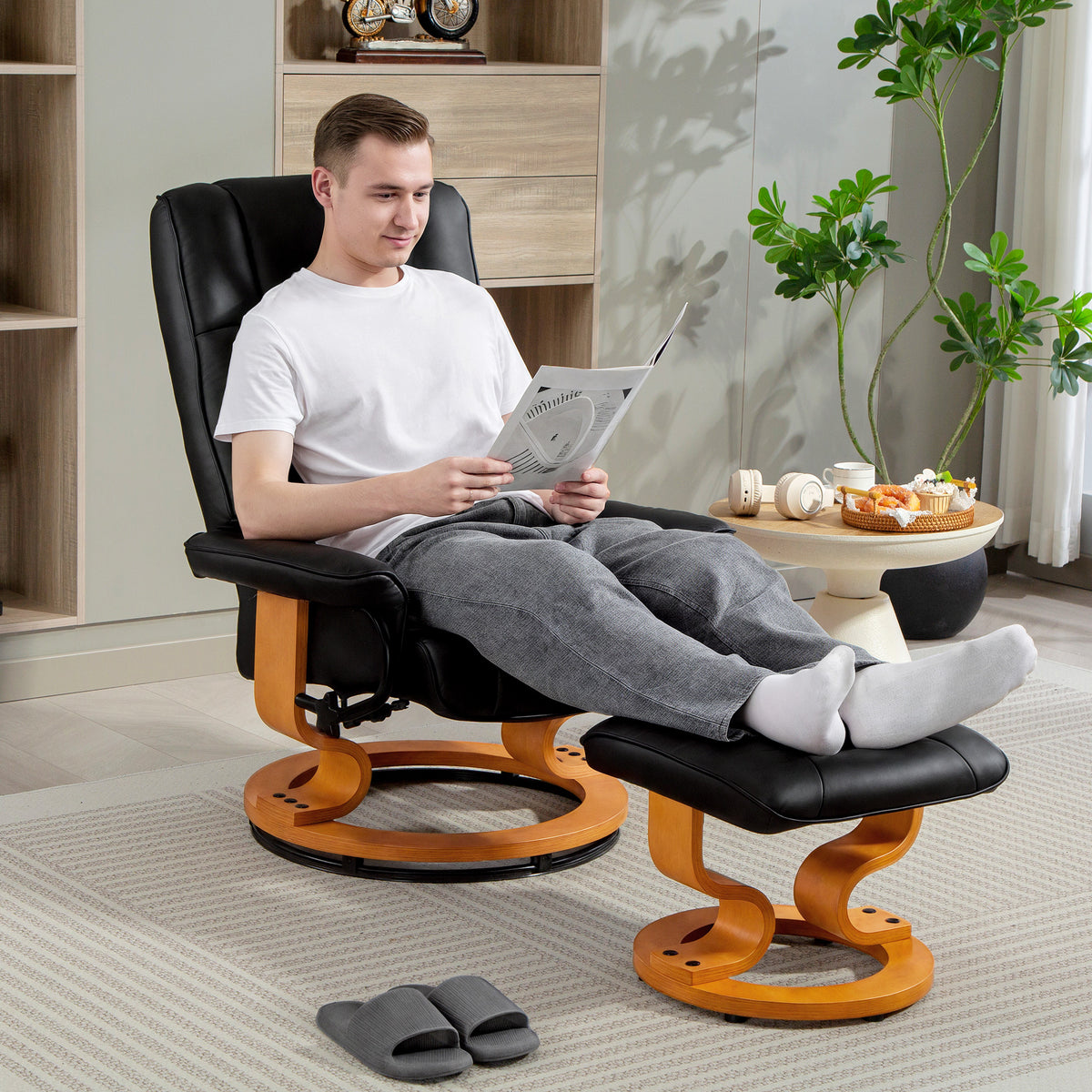 HOMCOM Relaxsessel mit Hocker, drehbar & neigbar, Kunstlederbezug, bis 150 kg, Holzgestell, Schwarz – Produktabbildung 2