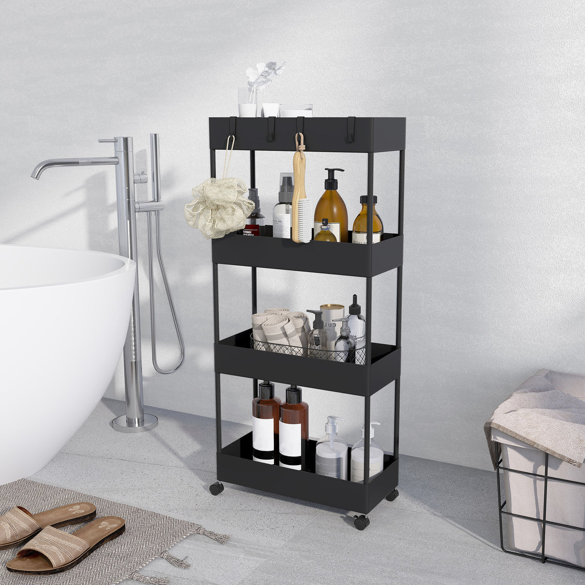 HOMCOM Küchenwagen mit 4 Regalen, 4 flexiblen Haken, 4 Rollen, 40 cm x 19 cm x 90 cm, Nischenwagen – Produktabbildung 8