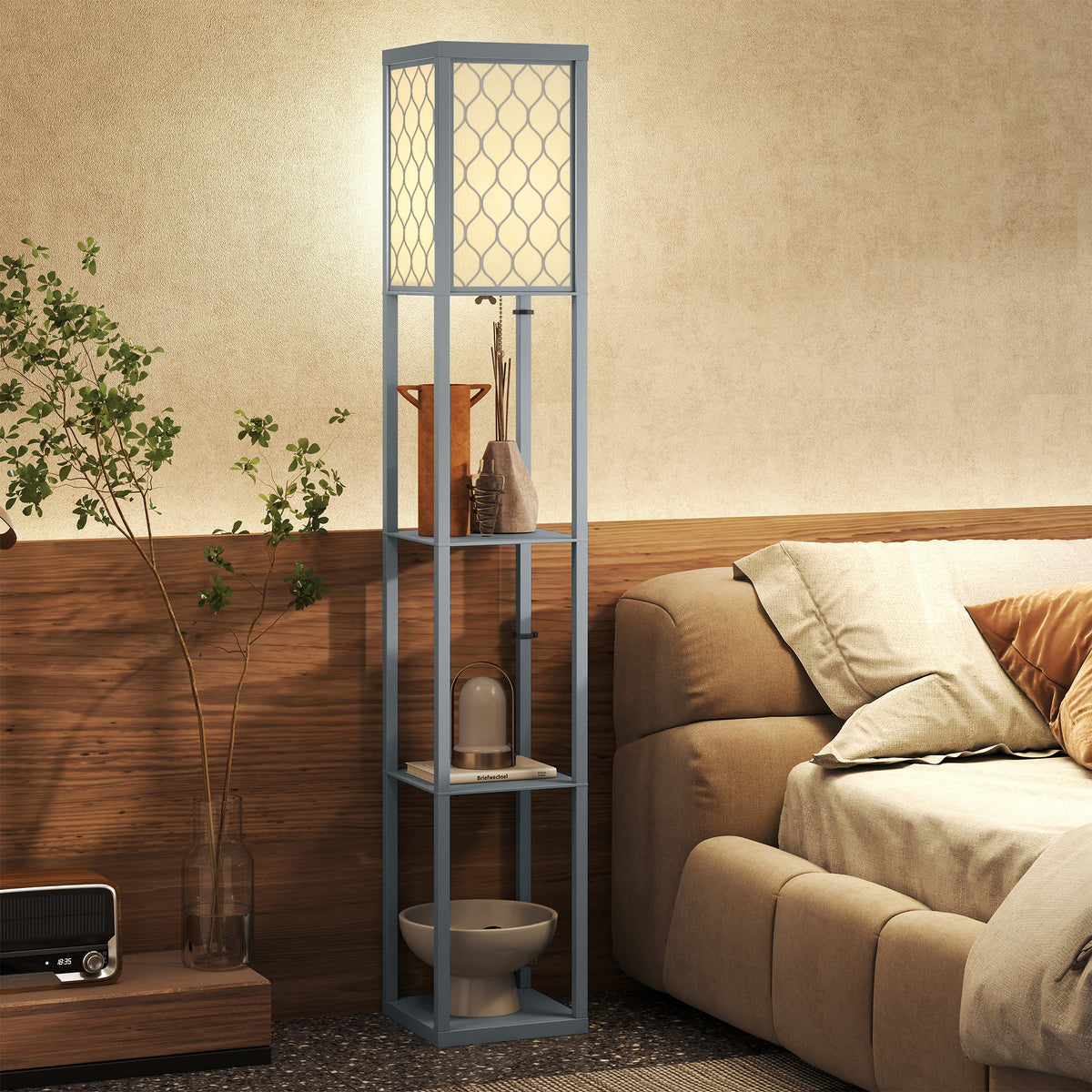 HOMCOM Stehlampe mit Regal, 3 Fächer, kompakte Maße, MDF, Hellgrau – Produktabbildung 2