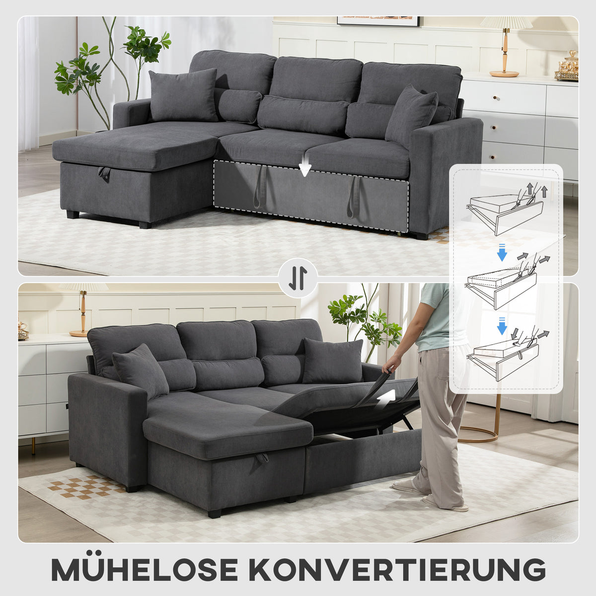 HOMCOM Verstellbares Bettsofa, L-förmiges Gästesofa mit Bettfunktion, Stauraum, Kissen, für Wohnzimmer – Produktabbildung 15