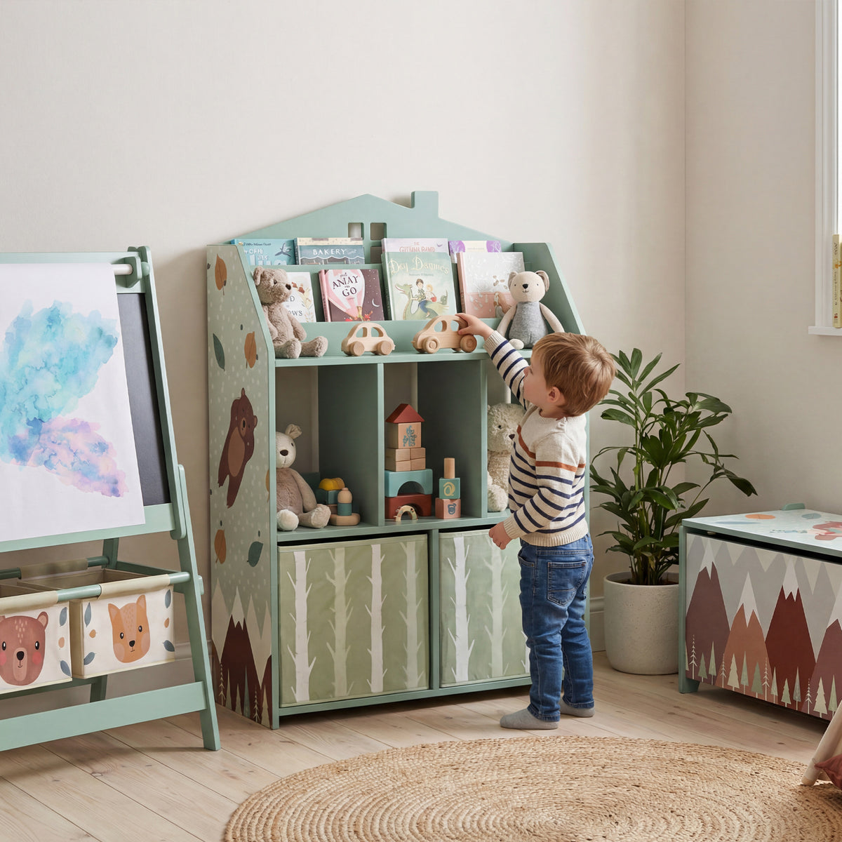 Kinderregal Bücherregal Kinder mit 2 Stoffschubladen offen Regal für 3-8 Jahre 62,5x30x91,5 cm Grün – Produktabbildung 2