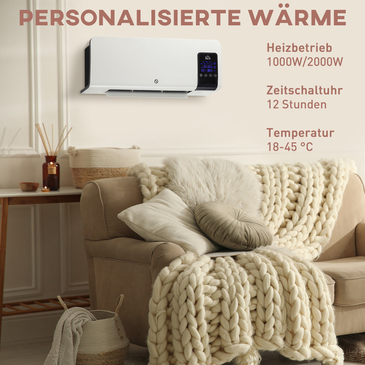 HOMCOM Elektro-Heizung, Wandmontage, Schwingfunktion, 2 Modi, Timer, LED-Anzeige, Weiß – Produktabbildung 4