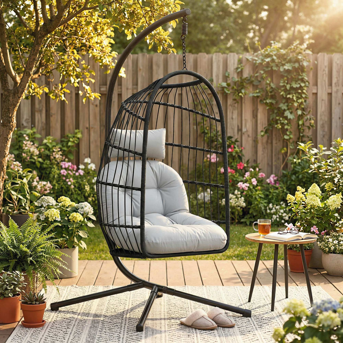 Outsunny Hängesessel mit Gestell faltbar Polyrattan Hängekorb mit Kissen Sicherheitsgurt Kopfstütze – Produktabbildung 2