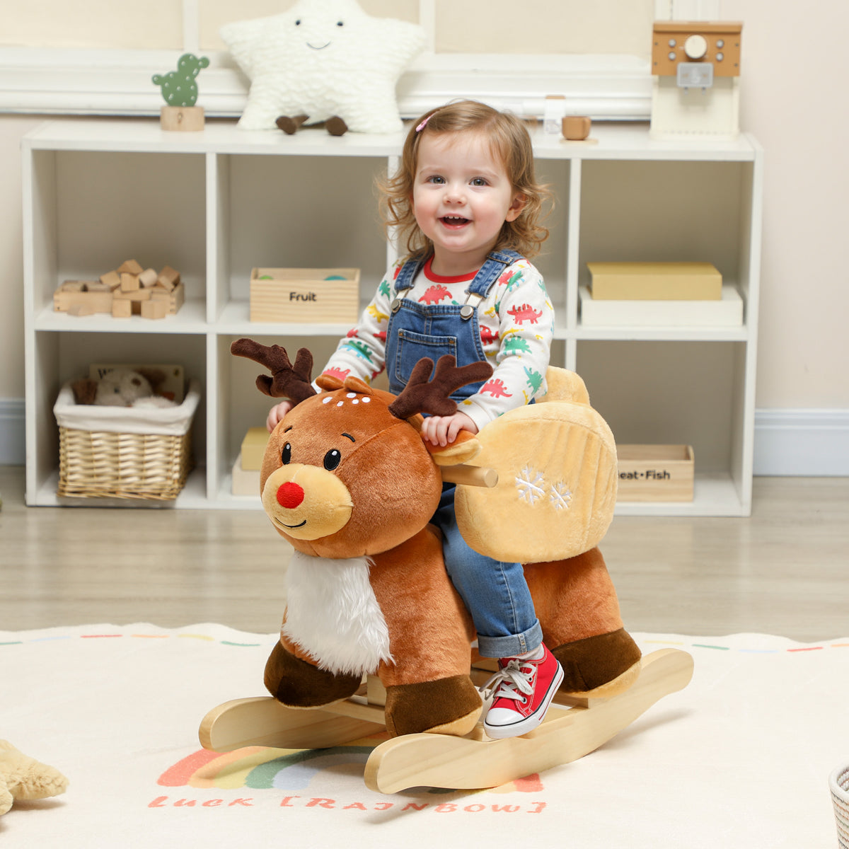 Kinder Schaukelpferd Baby Schaukeltier Rentier mit Schlaflieder, für 18-36 Monate Plüsch 65 x 32 x 55 cm – Produktabbildung 2