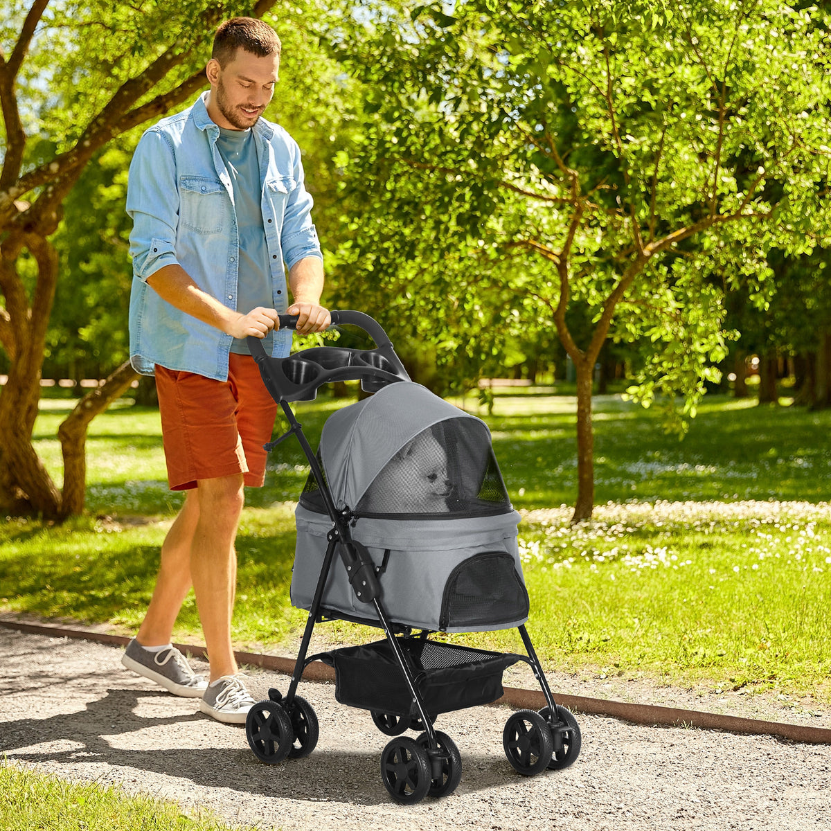 PawHut Hundebuggy Hundewagen bis 4 kg Klappbar Netzfenster Bodenkorb Becherhalter abnehmbares Dach grau – Produktabbildung 2