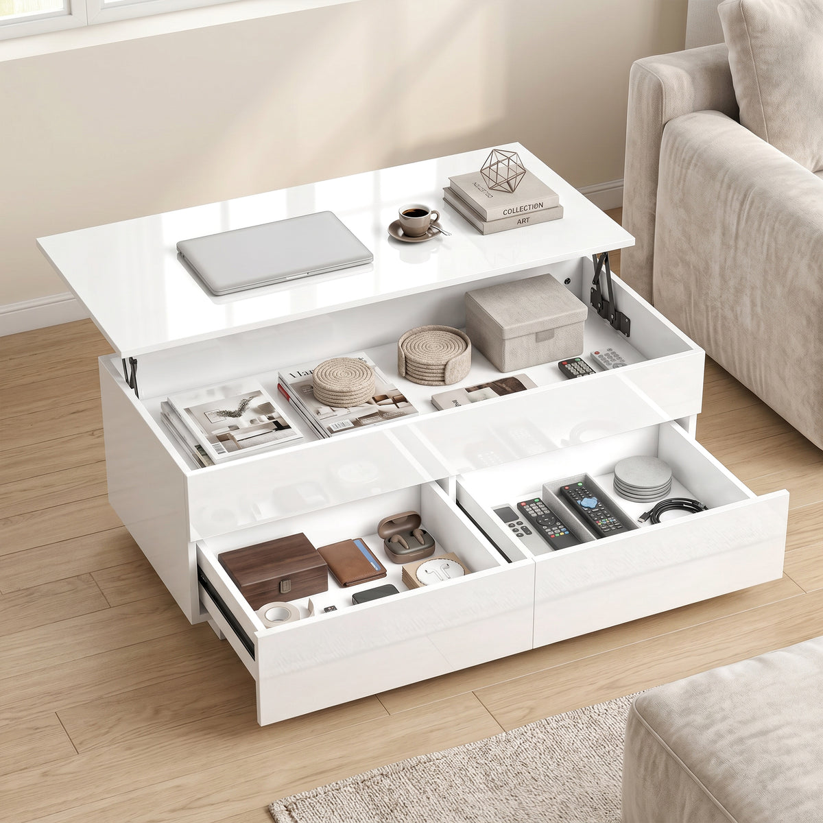 HOMCOM Couchtisch Höhenverstellbar, Moderner Wohnzimmertisch mit verstecktem Stauraum und 2 Schubladen – Produktabbildung 2