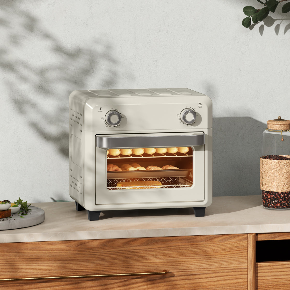 HOMCOM 10L Heißluft-Ofen zum Grillen, Backen und Frittieren, Timer, 1000W, Spülmaschinenfest, Cremeweiß – Produktabbildung 2