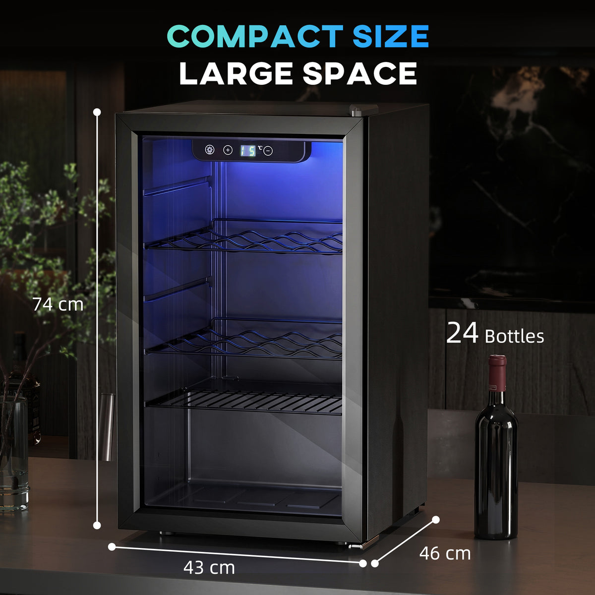 HOMCOM Weinkühlschrank 24 Flaschen, 68 Liter Kapazität, 4–16 °C Standgerät für Getränke, Bier und Wein – Produktabbildung 3