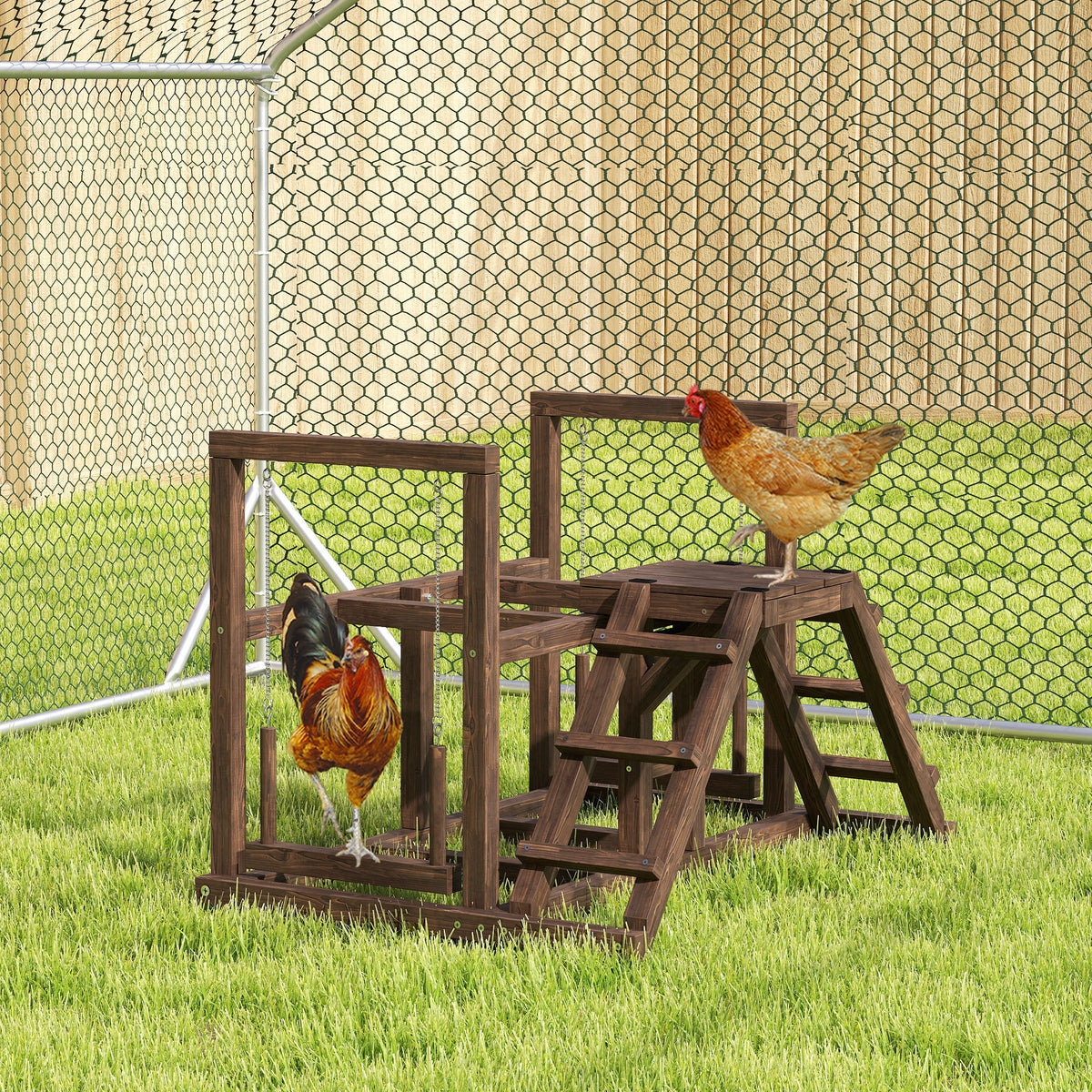 PawHut Hühnergestell, Sitzstangen, Rampen, Schaukeln, für 2-3 Hühner, Holz, Braun – Produktabbildung 2