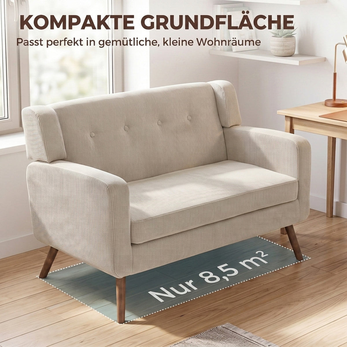 HOMCOM 2 Sitzer 118 cm Couch mit Cord-Optik, Knopfheftung Bequeme Modernes Polstersofa mit Holzbeinen – Produktabbildung 6