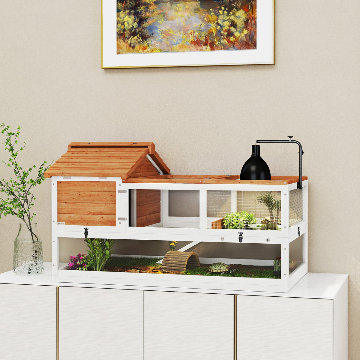 PawHut Schildkrötenhaus, 2-Ebenen-Gehege, Lampenhalter, Kleintierkäfig, Orange – Produktabbildung 2