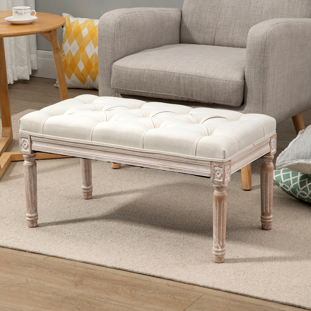 HOMCOM Gepolsterter Sitzhocker, Polsterbank, Fußhocker, Holz und Stoffbezug in Leinenoptik, 80L x 40B x – Produktabbildung 2