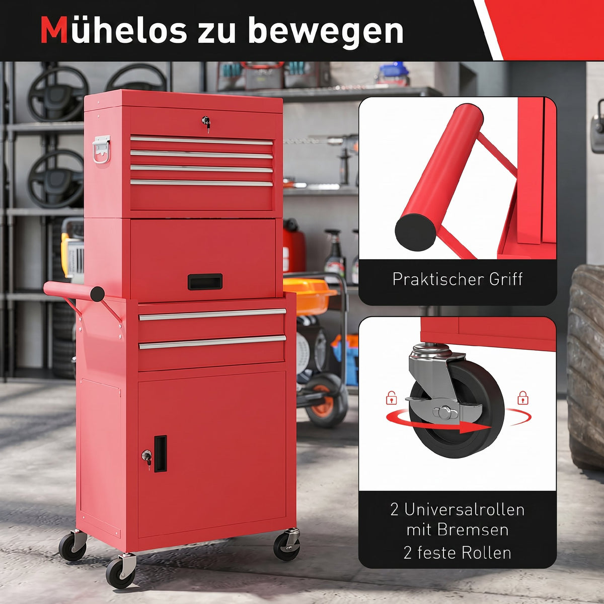 HOMCOM Rollbarer Werkzeugschrank, 6 Schubladen, 2 Schränke, Stahl, verschließbar, Rot – Produktabbildung 6