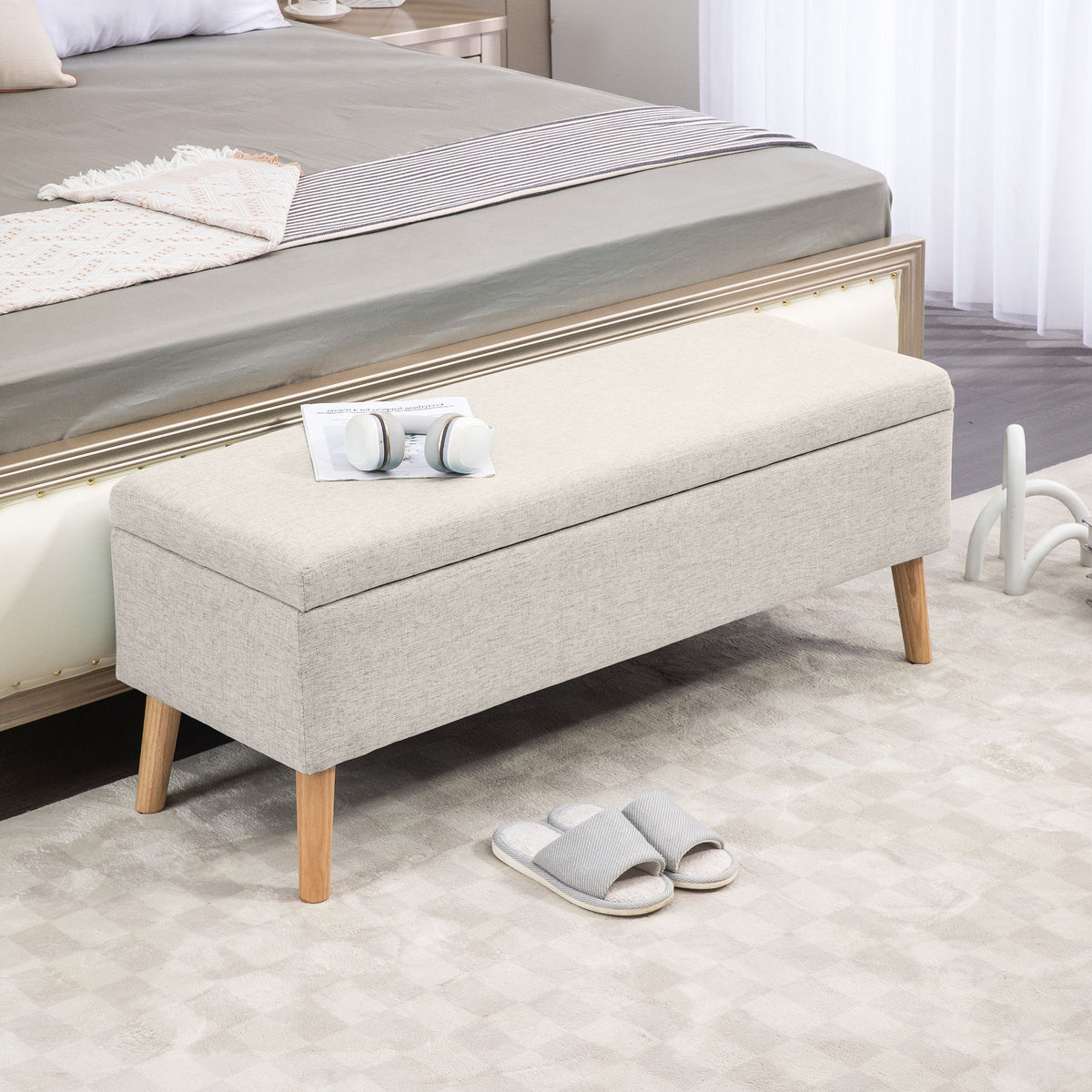 HOMCOM Sitzbank mit Stauraum, bis 220 kg, Leinenoptik, 110x39x45cm, Beige – Produktabbildung 2