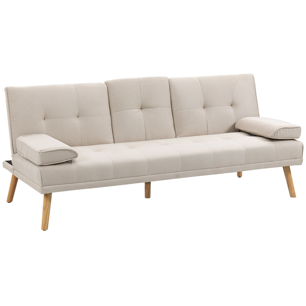 HOMCOM Schlafsofa 3-Sitzer, neigbare Rückenlehne mit Klapptisch, zwei Armpolster, Leinenoptik, beige, 181 x