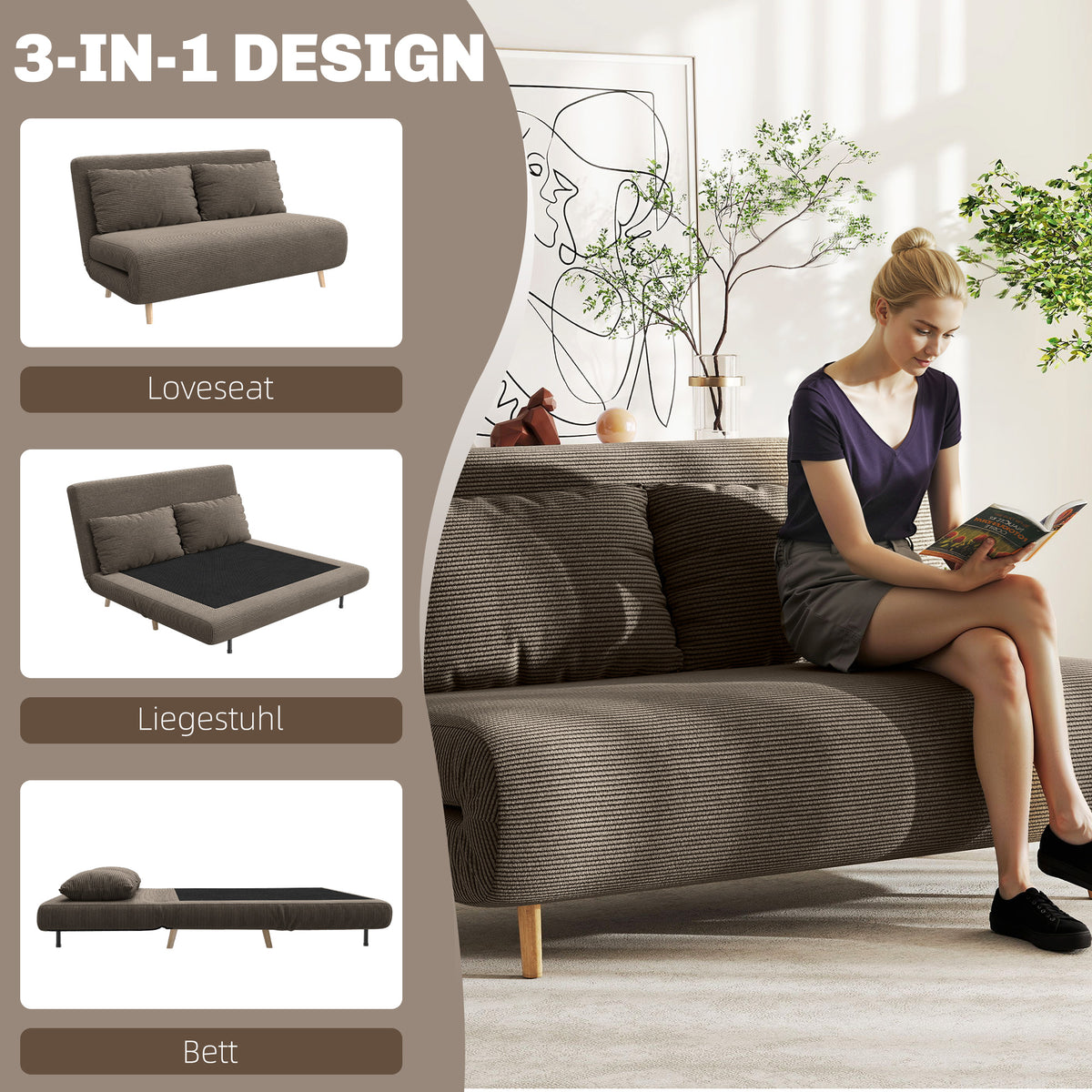 HOMCOM Schlafsofa, Gästebett, 3-fach verstellbare Rückenlehne, Kordoptik, bis 120 kg, 141 x 90 x 81 cm – Produktabbildung 4