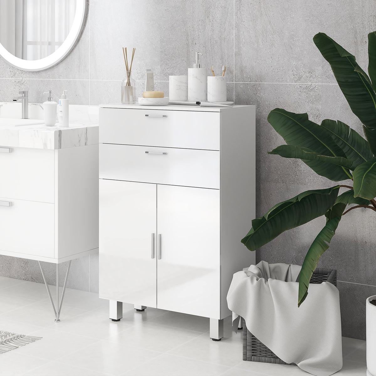 KleanKin Badezimmerschrank, Badkommode, 2 Schubladen, verstellbares Regal, Holz, Weiß – Produktabbildung 2