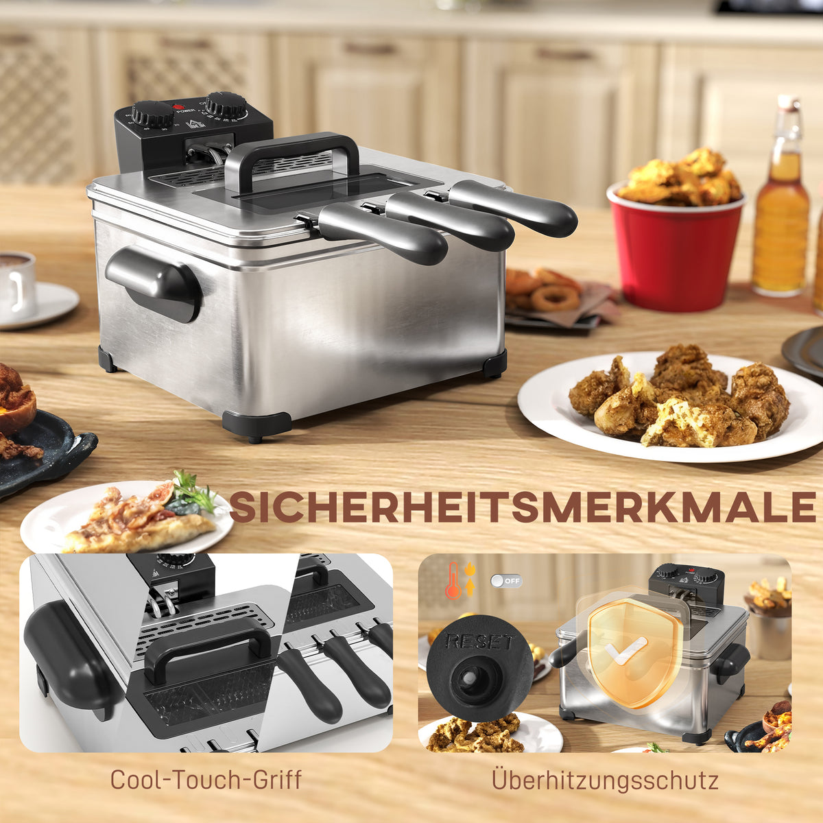 HOMCOM Fritteuse, 5 L Ölkapazität, Timer, Sichtfenster, 2000W Leistung, Silberfarben – Produktabbildung 6