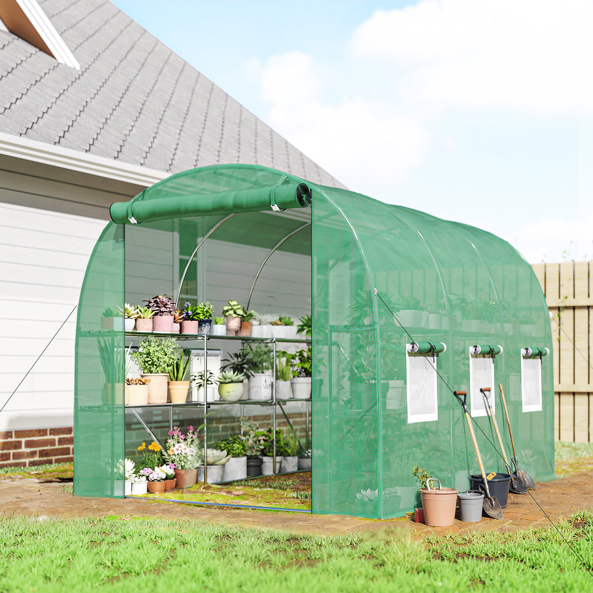 Outsunny Gewächshaus ca. 2,7 x 2 x 2 m Foliengewächshaus mit Regalen Rollbar Reißverschlusstür 6 – Produktabbildung 2