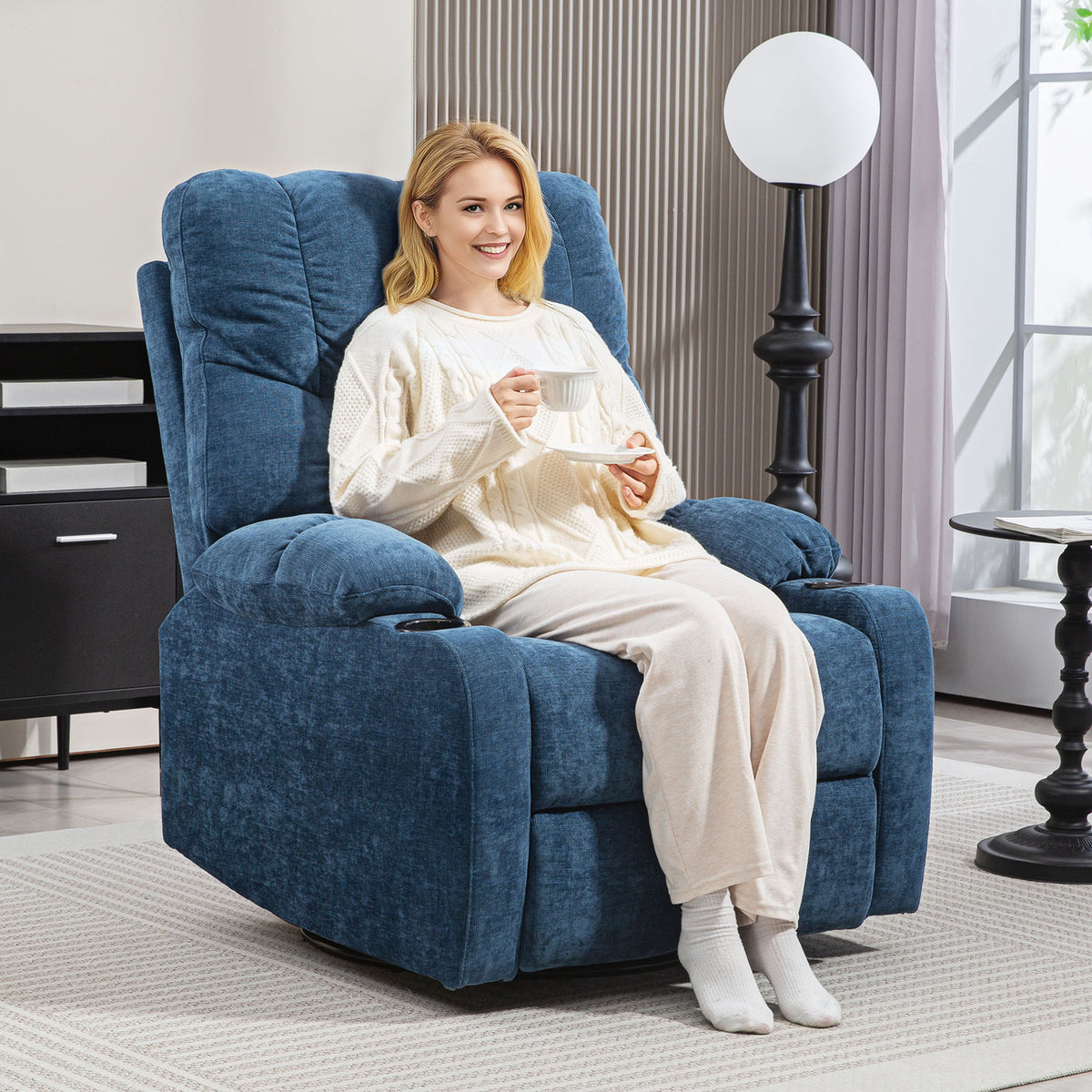 HOMCOM Relaxsessel mit Fußstütze, Liegesessel, drehbar, bis 150 kg, Stahlrahmen, 88x96x108cm, Dunkelblau – Produktabbildung 2