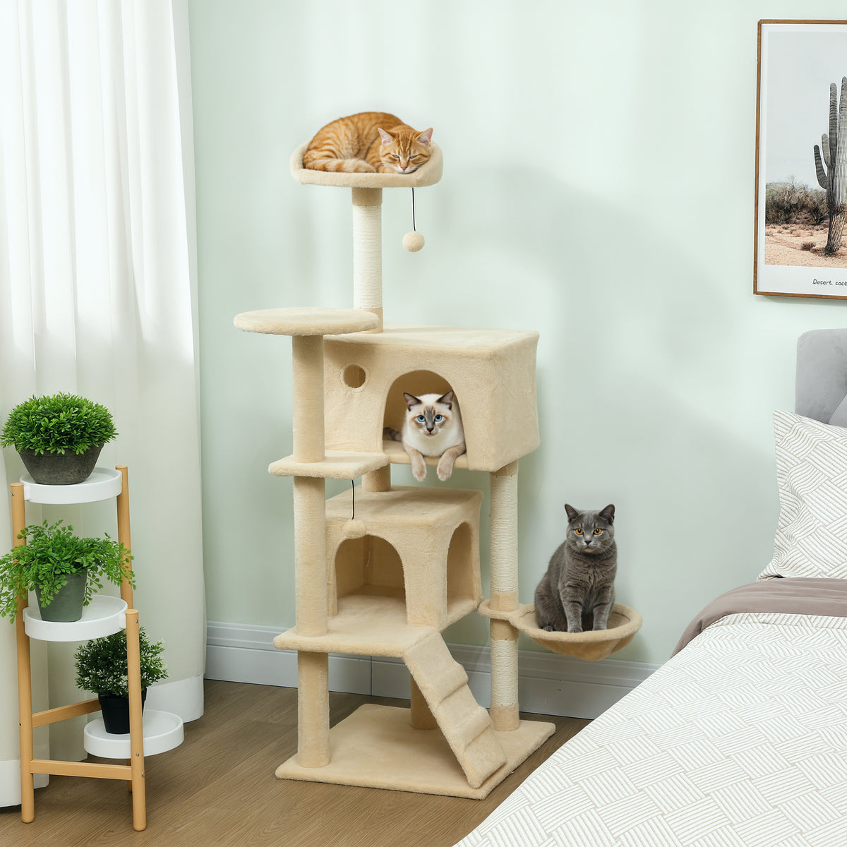 PawHut Kratzbaum 140 cm Katzenturm mit Hängematte, Leiter, Höhle, 2 Plüschballen, Sisalstämme, 48 x 48 x – Produktabbildung 2