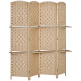 HOMCOM 4-teiliger Paravent, 160 x 170 cm, faltbare Trennwand mit 2 Regalen, Naturholz