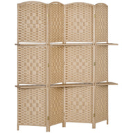HOMCOM 4-teiliger Paravent, 160 x 170 cm, faltbare Trennwand mit 2 Regalen, Naturholz