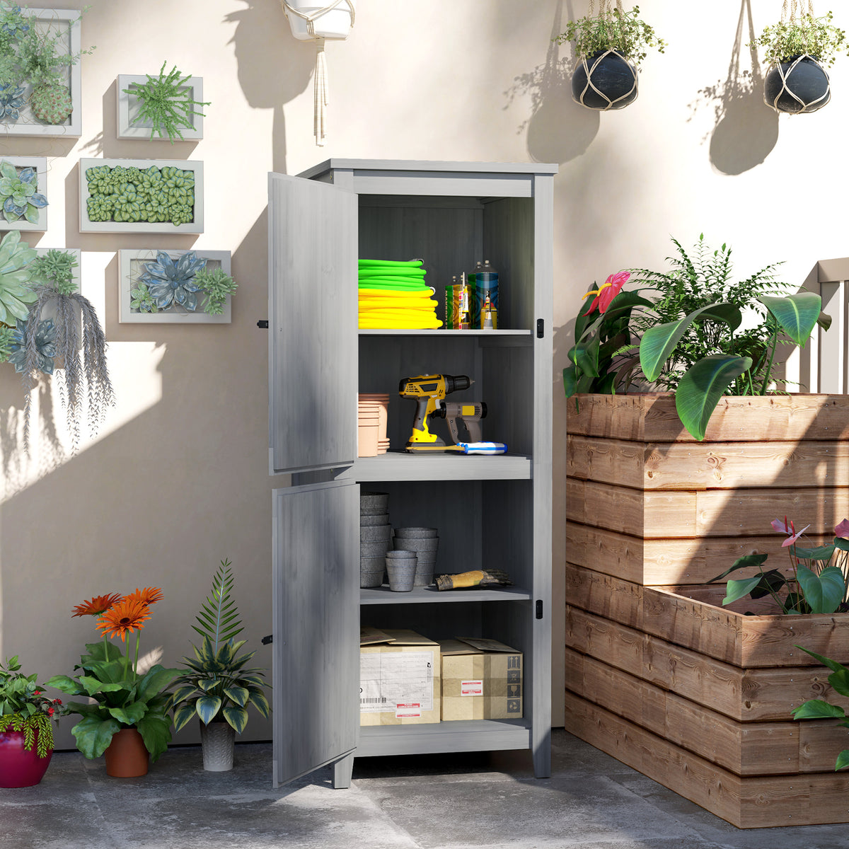 Outsunny Holzschuppen, Kompakter Gartenschuppen für Werkzeug und Gartengeräte mit verschließbaren Türen – Produktabbildung 2